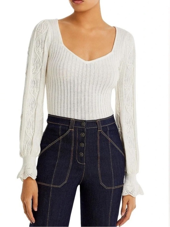 PAIGE Tops - PAIGE Cream Ribbed V-Neck Puff Sleeve Sweater